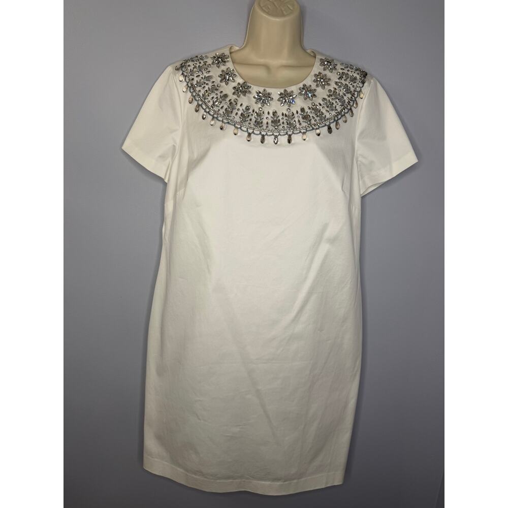 Brooks Brothers Shift White Mini Dress Embellished Jewel Neckline Elegant Sz 14 - Picture 3 of 13